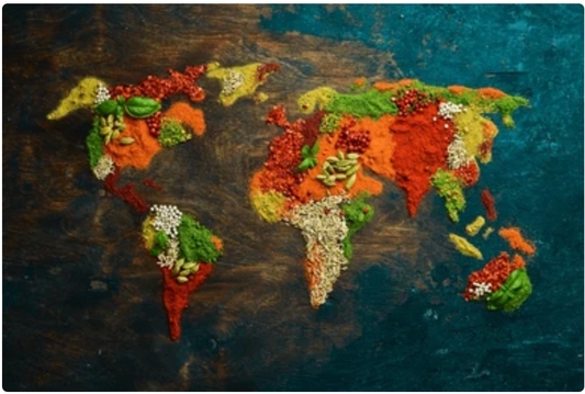 Spices arranged in the formation of the continents of the world.