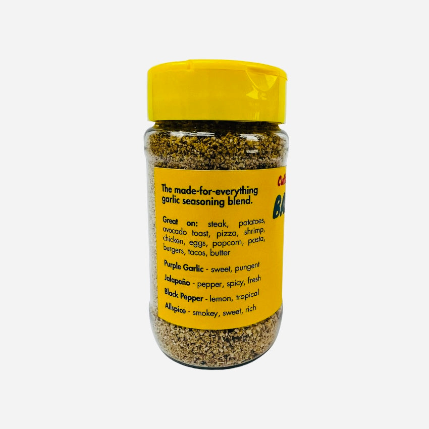 A bold, garlicky, and umami-packed RUB seasoning blend featuring garlic, jalapeño, onion, mineral salt, black pepper, cumin, and allspice. Inspired by our best-selling Bar Sauce, this lightly salted blend is perfect for steak, potatoes, avocado toast, pizza, shrimp, chicken, eggs, popcorn, pasta, burgers, tacos, and cowboy butter. The ultimate made-for-everything garlic seasoning to enhance every meal with rich, savory depth.  spice jar side description