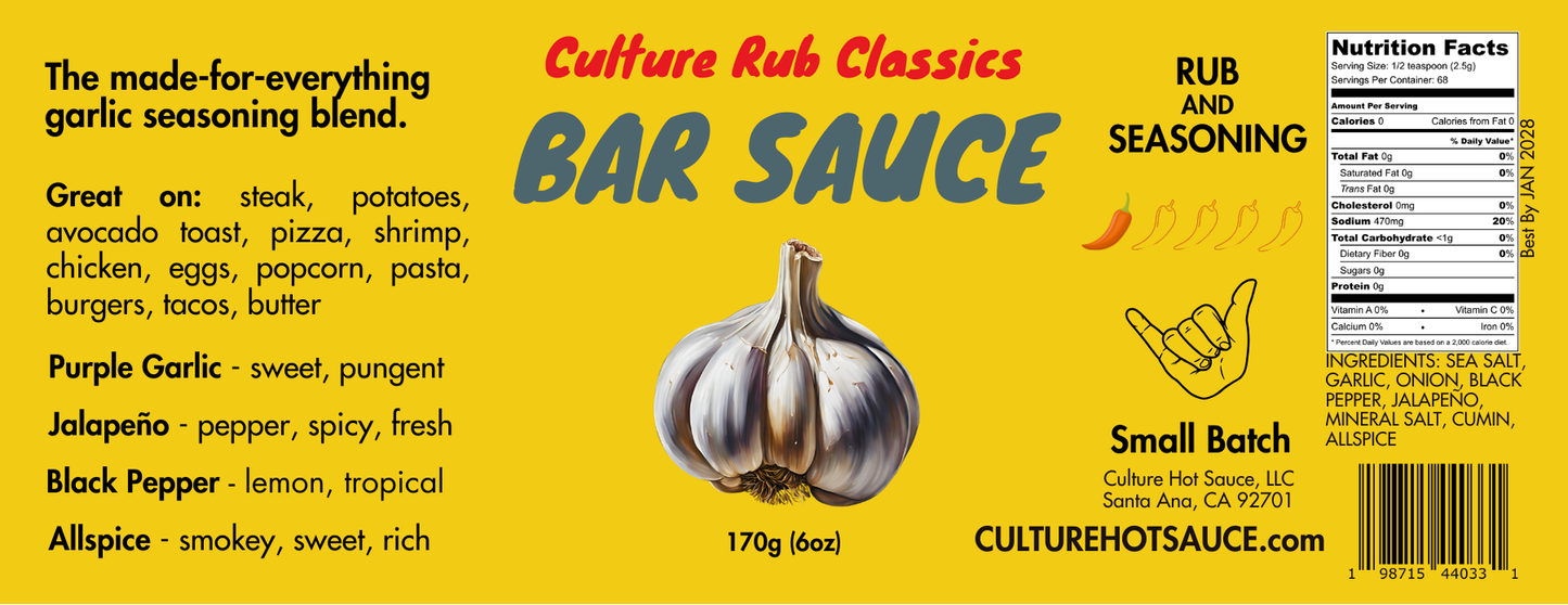 A bold, garlicky, and umami-packed RUB seasoning blend featuring garlic, jalapeño, onion, mineral salt, black pepper, cumin, and allspice. Inspired by our best-selling Bar Sauce, this lightly salted blend is perfect for steak, potatoes, avocado toast, pizza, shrimp, chicken, eggs, popcorn, pasta, burgers, tacos, and cowboy butter. The ultimate made-for-everything garlic seasoning to enhance every meal with rich, savory depth.  full spice label