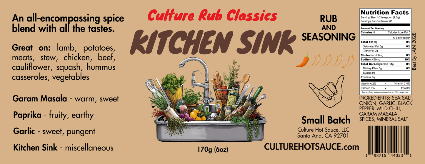 Kitchen Sink Rub– a warm, sweet, earthy, and pungent spice blend with mild chili, garam masala, garlic, onion, mineral salt, and aromatic spices.  This lightly salted, all-encompassing blend enhances lamb, potatoes, meats, stews, chicken, beef, cauliflower, squash, hummus, casseroles, vegetables, and ribs.  Perfect for adding depth and balance to any dish! spice jar label seasoning